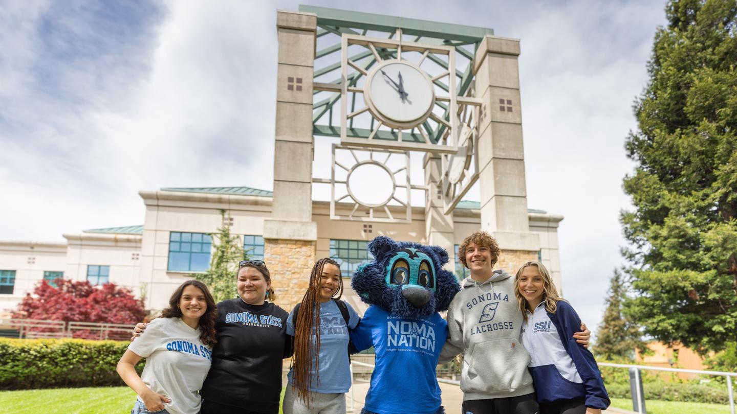 students with lobo outside the library