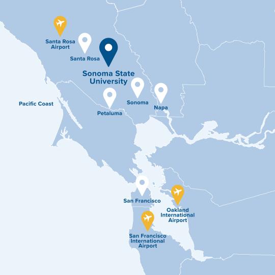 Map showing Sonoma State University and local airports and towns